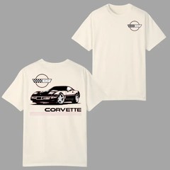 Corvette C4 Classic T-shirt, Retro Sports Car Graphic 2 Sides, Cream Tee