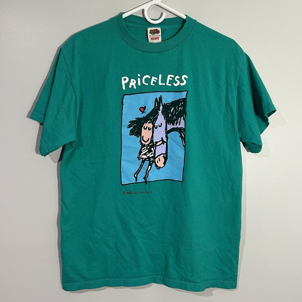 Vintage 2003 Priceless Horse Love Art Teal Short Sleeve T-Shirt Mens Medium