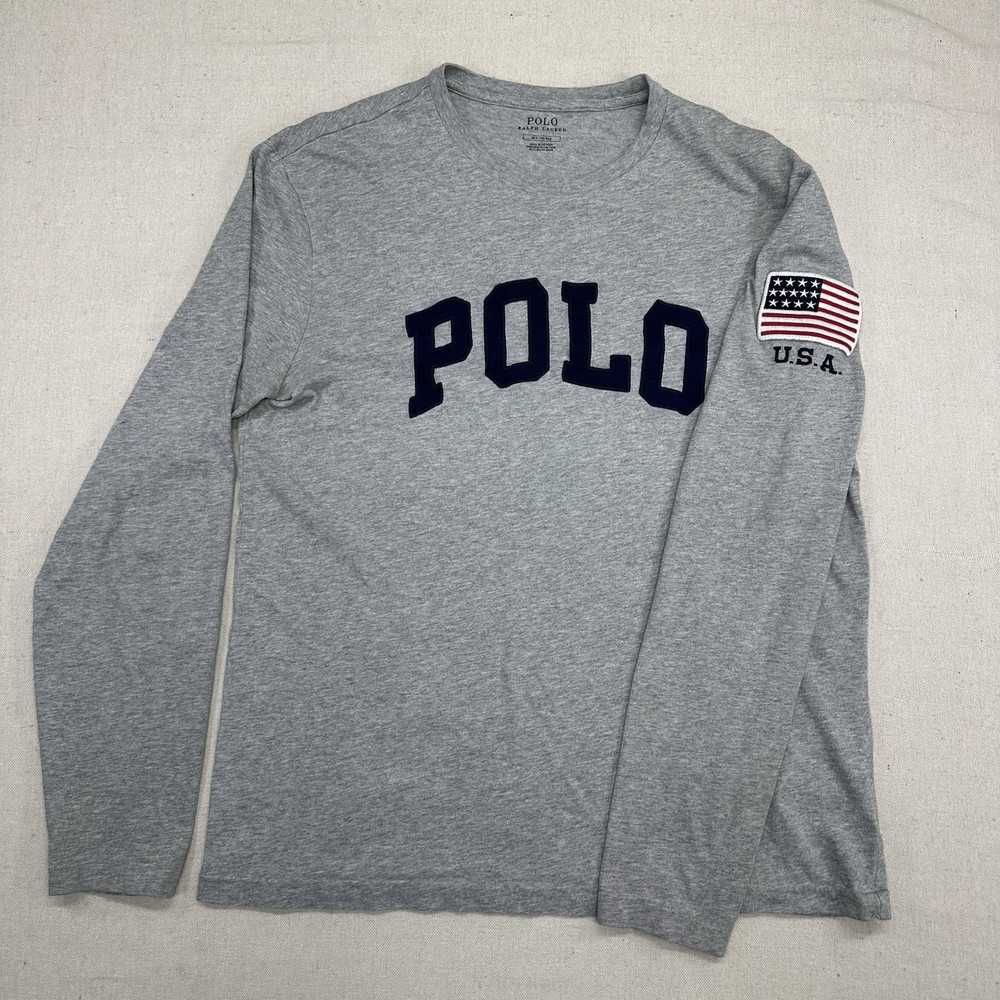 Polo Ralph Lauren Long Sleeve Gray Shirt Men’s M Embroidered American Flag Patch