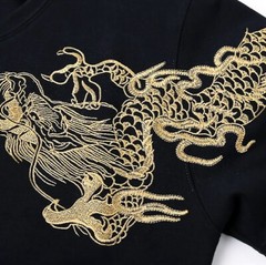 Mens Japanese Pattern Embroidery Gold Dragon T-Shirt Stretch Black Short Sleeve
