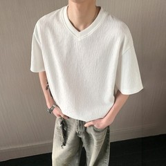 Men’s V Neck Short Sleeve T Shirt Loose Fit Pure Color Texture Casual Top