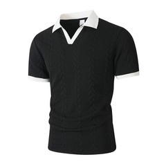 Men’s Cable Knit Contrast Collar Polo Shirt Business Casual V Neck Summer Top