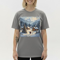 Cozy Winter Village T-Shirt Christmas Log Cabin Snow Scene Mountain Holiday Art