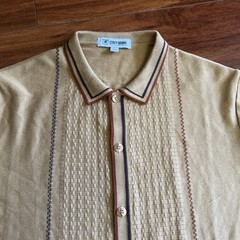 Stacy Adams Full Button Up Brown Polo Dress Shirt Men’s L Knit Embroidered Retro