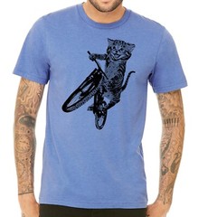 Cat Riding a Bicycle men’s Tshirt- Kitten Wheelie Tee shirt- Eco Friendly