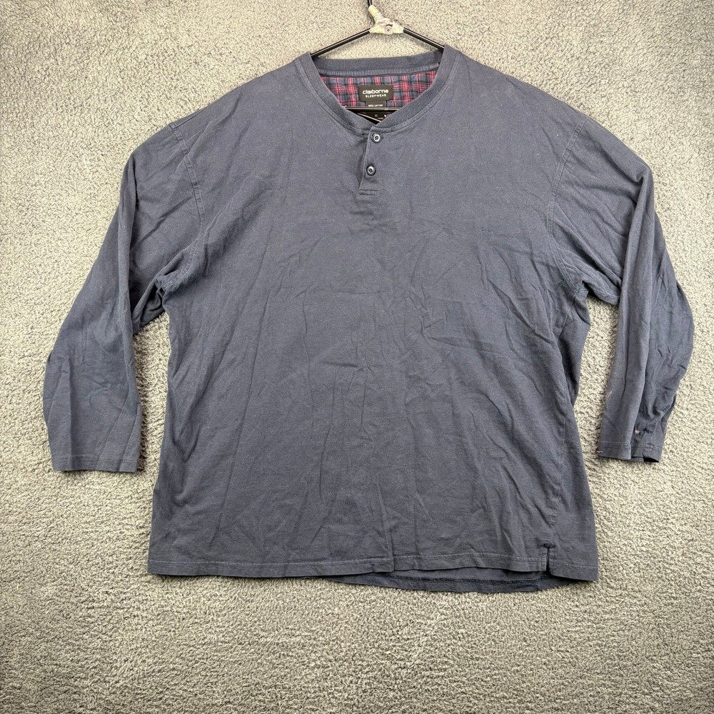 Claiborne Sleepwear Mens XL Long Sleeve Henley Shirt 100% Cotton Blue Plaid
