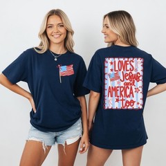 Loves Jesus and America Too Patriotic Coquette Bow 4th of July T-Shirt
