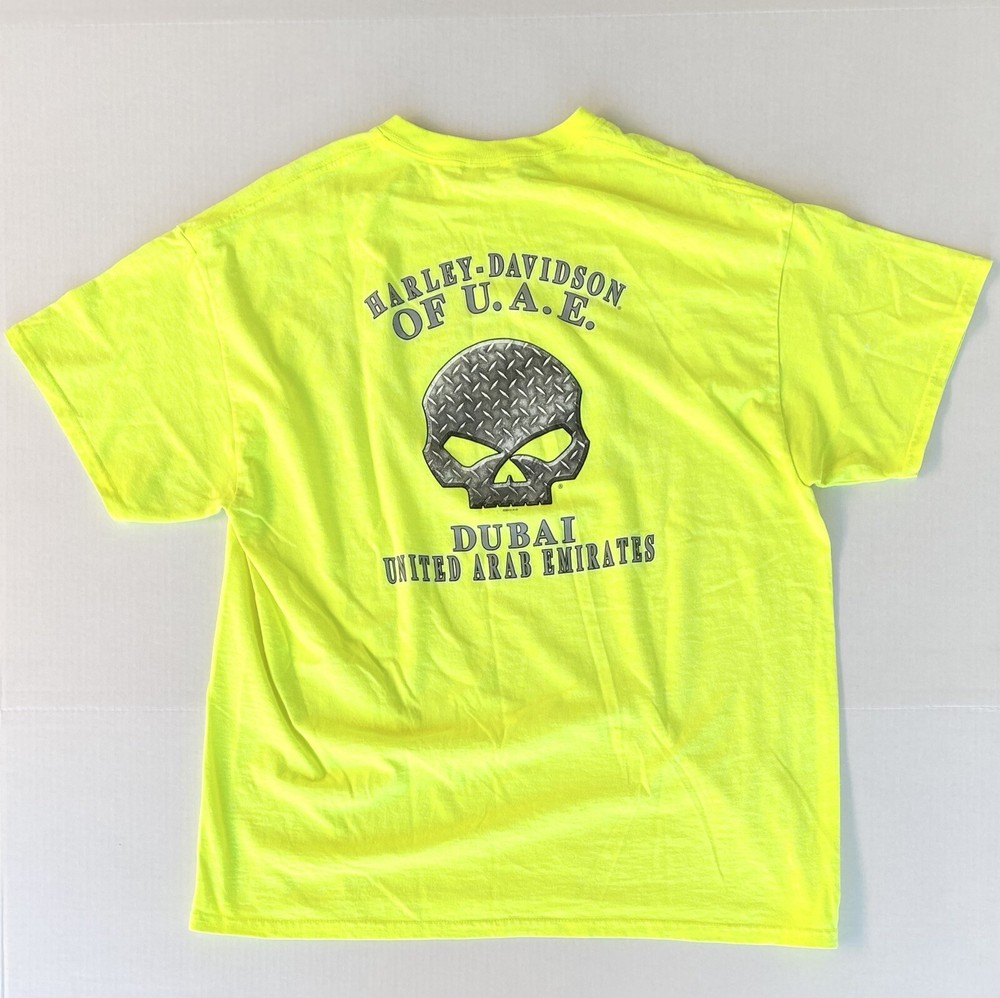 Men’s 2015 Harley Davidson Of U.A.E. Dubai Neon Green T-Shirt sz XL