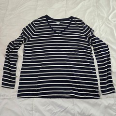 Lands End Mens XL Navy Blue White Striped V-Neck Long Sleeve T-Shirt Cotton