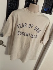 Fear of God Essentials oversized beige/tan graphic T-shirt front arch Logo Clean