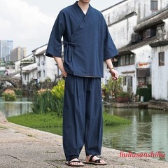 Retro Chinese Style Men’s 3/4 Sleeve Shirt Top Ankle Pants Casual Loose 2pcs Set