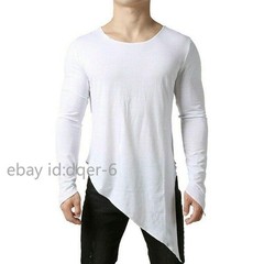 Mens Asymmetric Slit Hem Summer T-shirt Top Tee Long Sleeve Pullover Shirt Hot