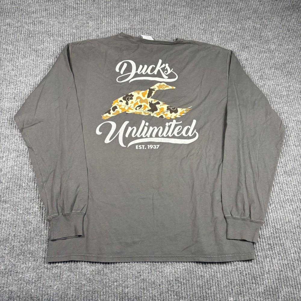 Ducks Unlimited Shirt Men’s L ComfortWash Long Sleeve Gray Camo Graphic Tee