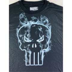Marvel Black Short Sleeve Tee with Smoky Punisher Skull shiny textured fabric