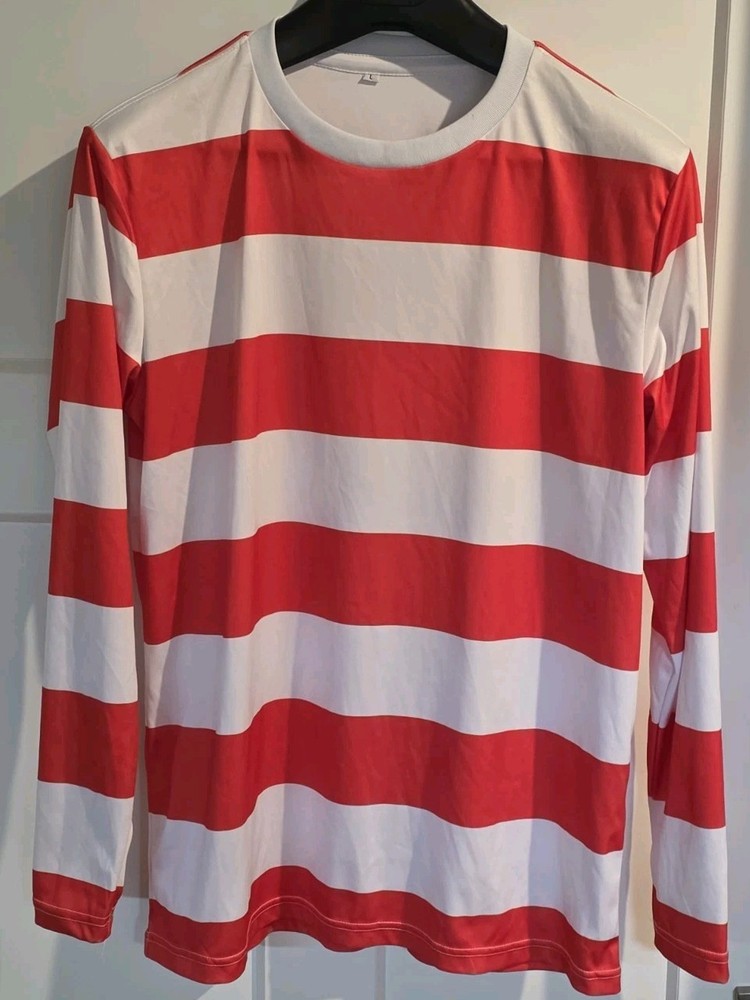 Red & White Striped Long Sleeve Shirt Mens Large Crewneck Costume Where’s Waldo