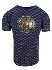 Designer T-Shirt Blue Bucheli Italian Logo Stripe Men Shiny Gold Tiger Slim Fit