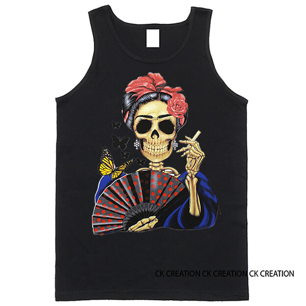 Skeleton with Fan Day of The Dead Graphic Tank Top