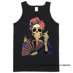 Skeleton with Fan Day of The Dead Graphic Tank Top