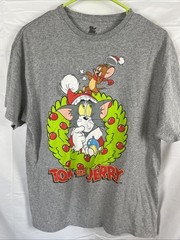 Tom & Jerry Cartoon Christmas T-Shirt Youth Large Gray Short Sleeves Cotton