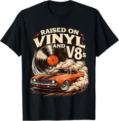 Raised on Vinyl and V8s Retro Car Music T-Shirt Size S-4XL