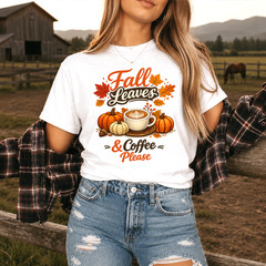 Fall Leaves Coffee Please Tshirt Graphic Tee Unisex Autumn Pumpkins Gift