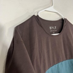 BYLT Drop Cut LUX Shirt Mens Large Brown Teal Stripe Short Sleeve Tee Tagless