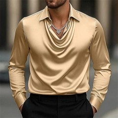 Men’s Elegant Satin Cowl Neck Blouse Long Sleeves Casual Business Dressy Shirts