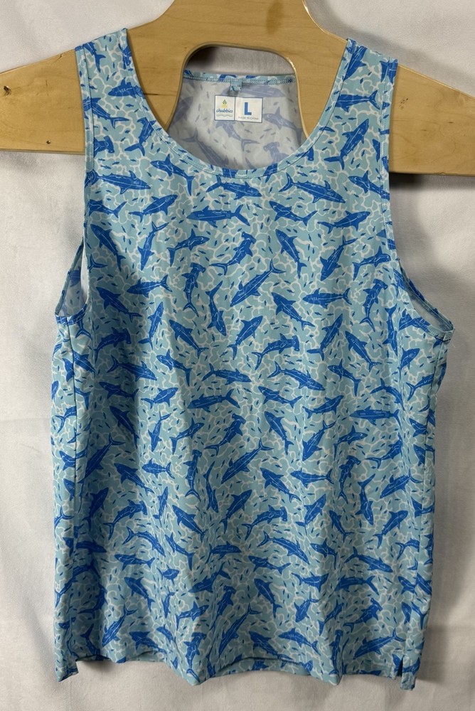 Chubbies Shirt Men Large Blue Shark Print Beach Tank Top Beach Vacation Retro