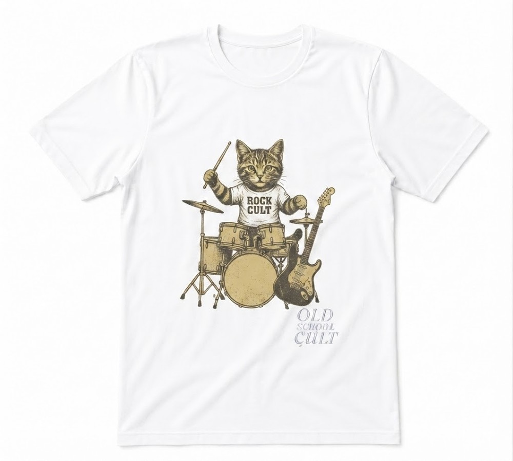 Cat Drummer Youth Retro 90s White T-shirt