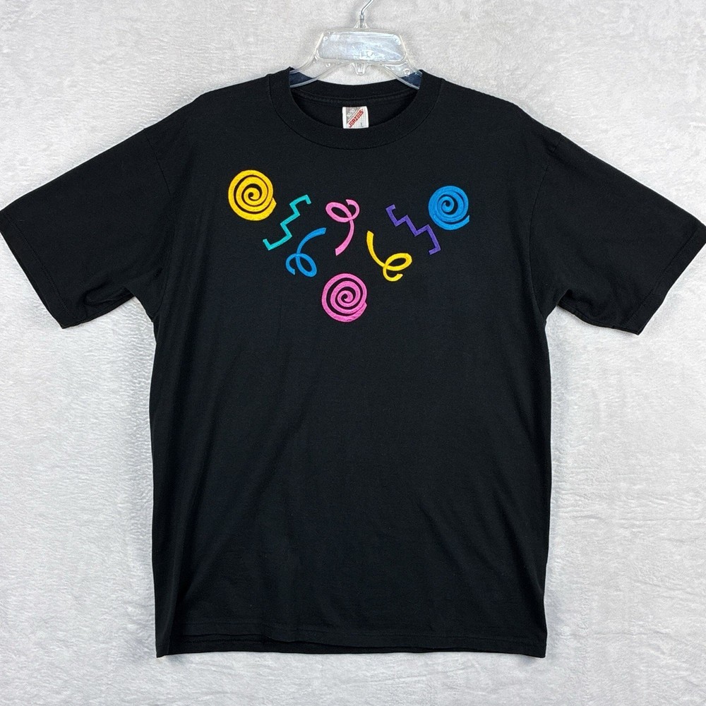 VTG Jerzees Tshirt Mens L Embroidered Abstract Geometric Art AOP Made in USA 90s