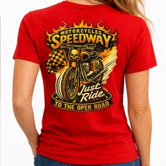 Motorcycle Speedway Just Ride Open Road Flaming Skull Racing Biker T-Shirt.