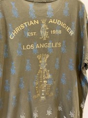 Christian Audigier T-Shirt L Olive Green Winged Grenade Rhinestone Y2K Foil #63