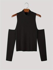 Mens Cold Shoulder Top Casual Pullover Skinny Long Sleeve T-Shirt Sexy Crop Tops