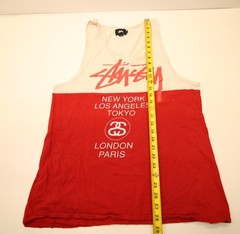 Stussy World Tour Tank Top T-Shirt M 40″ Chest READ Bleached Spots Hole Cracking