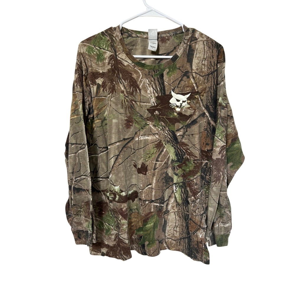Vintage Y2K Mens Realtree Camo Long Sleeve T-Shirt Bobcat Graphic Large Cotton