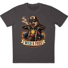 Wild & Free Wolf Biker Motorcycle Chopper Flames Funny Animal Graphic T-Shirt.