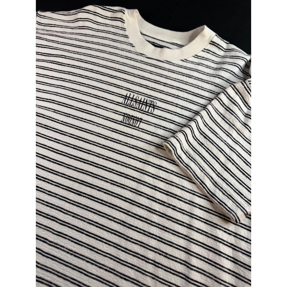 AllSaints London Striped Textured Logo T-Shirt Mens Medium White Black Slub Tee