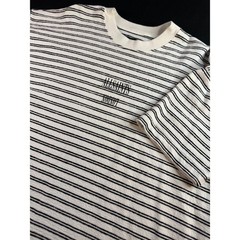 AllSaints London Striped Textured Logo T-Shirt Mens Medium White Black Slub Tee