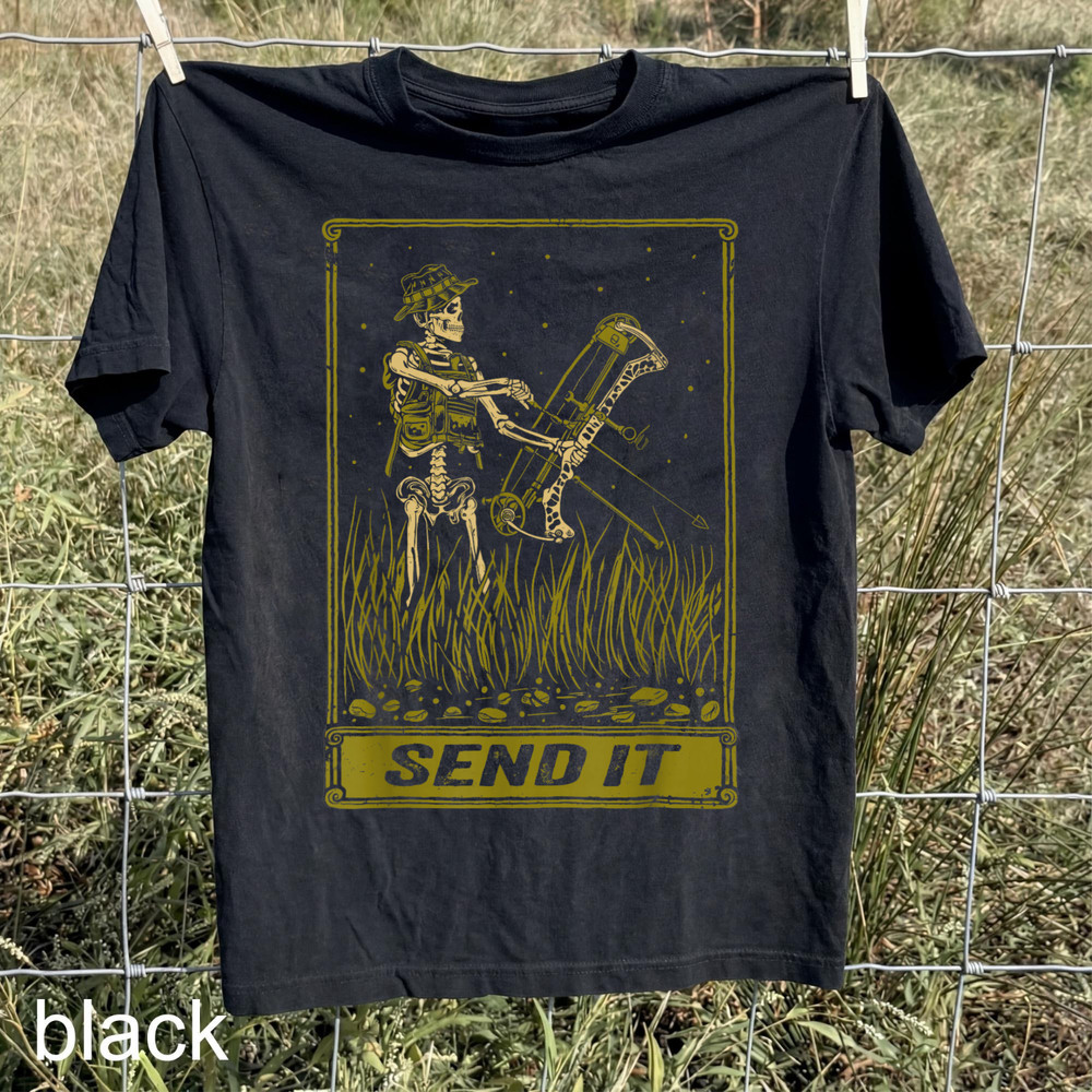 Send It Vintage Bowfishing Skeleton Outdoor Adventure Art T-Shirt
