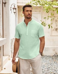 Men’s Casual Cotton Linen Henley Shirts Beach with Pocket Light Green L