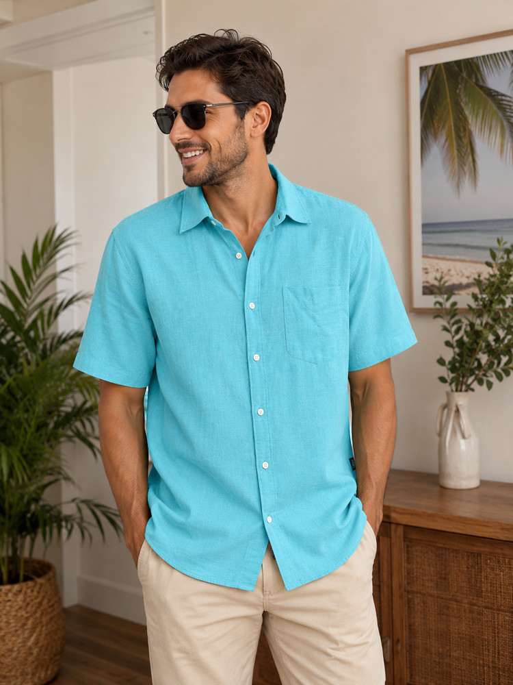Men’s Turquoise Short Sleeve Button Up Shirt Casual Lightweight Pocket Summer