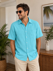 Men’s Turquoise Short Sleeve Button Up Shirt Casual Lightweight Pocket Summer