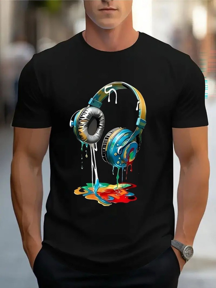 Colorful Dripping Headphones DJ Music Lover Graphic T-Shirt Streetwear Tee