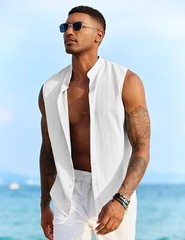 Mens Sleeveless Summer Shirts Beach Tank Tops Button Up Tank Shirt for Vacation