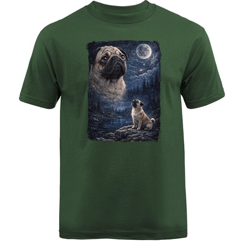 Pug Howling at Moon Night Forest Dog Waterfall T-shirt