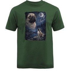 Pug Howling at Moon Night Forest Dog Waterfall T-shirt