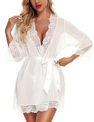 Women Lace Kimono Robe Babydoll Chemise Lingerie Bride Robe for Wedding Party…