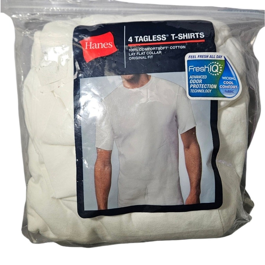 Hanes Men Medium 4 Pack White T-Shirts Tagless ComfortSoft FreshIQ Cotton