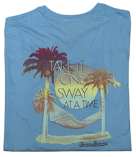 $45 TOMMY BAHAMA Sky Blue ONE SWAY AT A TIME Relaxed Fit Short Sleeve T-shirt