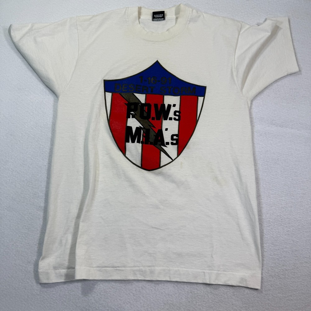 Screen Stars Shirt Mens L White Desert Storm POW MIA 1991 USA Patriotic Tee